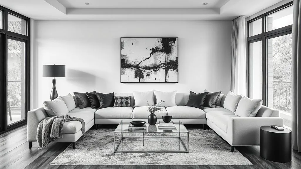 15 Elegant Black and White Living Room Ideas 13 Living room with abstract black & white art displays and modern décor.