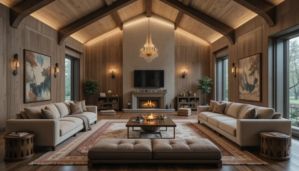 Spacious Open Living Area 7 Modern rustic living room in 16:9 aspect ratio designed with acoustics and comfort in mind.