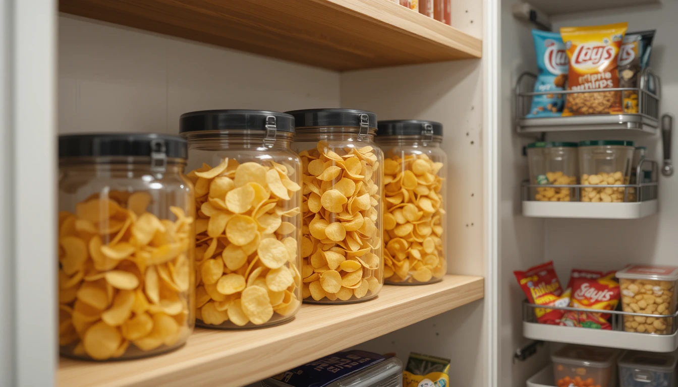 Creative Potato Chip Storage Ideas 2 Airtight glass containers filled with golden potato chips, keeping snacks fresh and stylish in a modern kitchen setting.