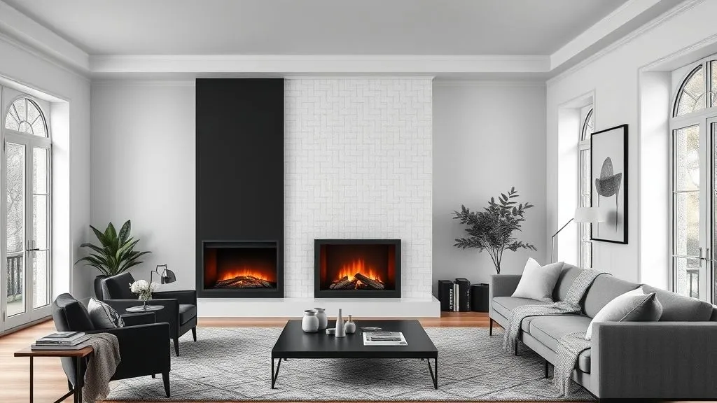 15 Elegant Black and White Living Room Ideas 9 Living room with a bold black fireplace centerpiece and cozy monochrome décor.