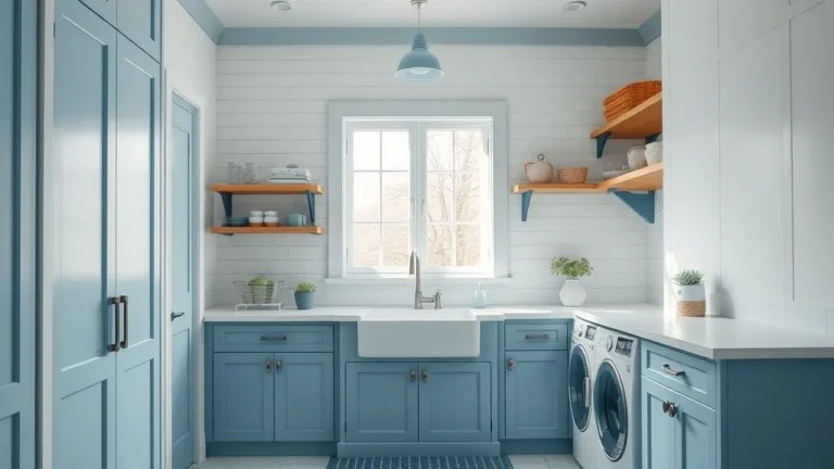 A fresh laundry room with soft pastel blue cabinets, farmhouse sink, and open shelving in a bright airy design.