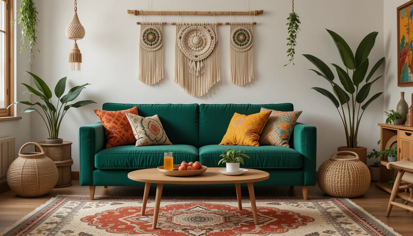 Green Couch Living Room Ideas 3 A cozy boho living room featuring an emerald green velvet sofa, patterned pillows, layered rugs, macrame wall art, and warm earthy accents.