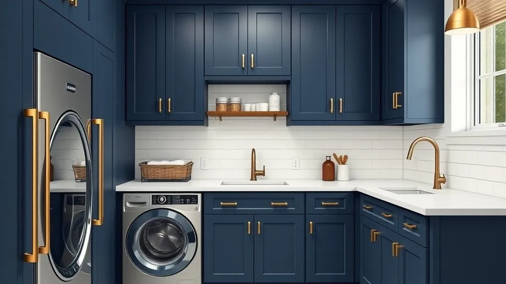 12 Stylish Blue Laundry Room Ideas for a Fresh Look 2 Laundry room with bold navy-blue cabinets featuring elegant brass hardware and a modern luxurious style.