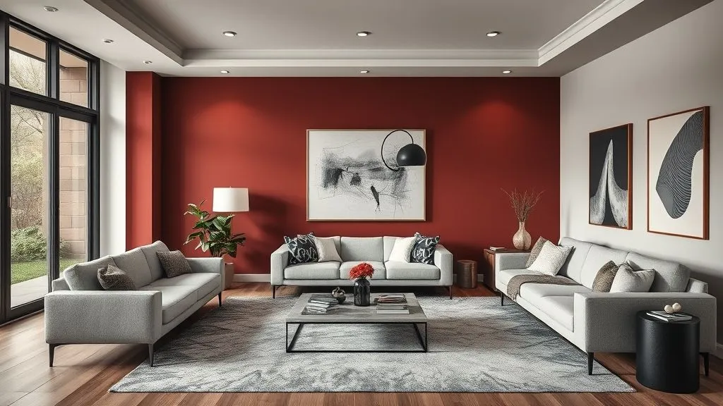 Modern Living Room Ideas for Every Home 10 Hyper realistic bold modern living room with a colorful accent wall, neutral furniture, and art décor.