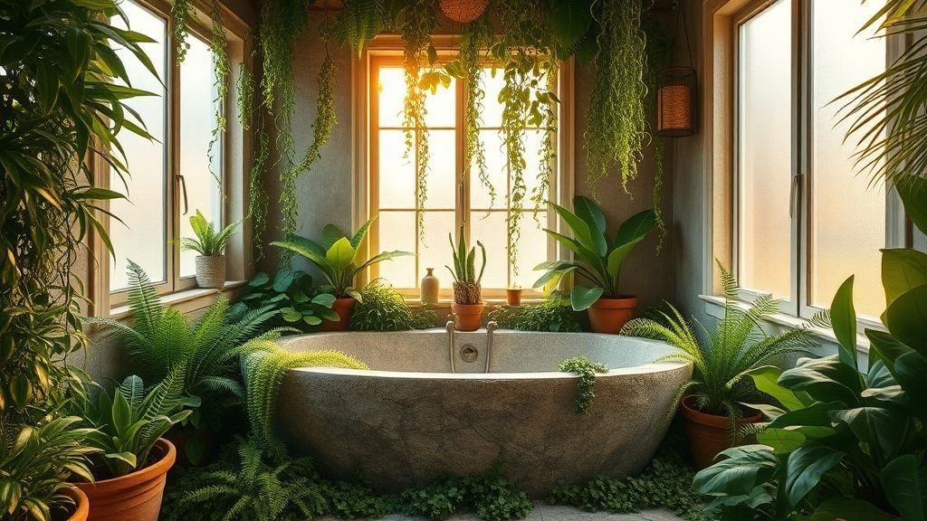 Green Bathroom Ideas to Inspire Your Next Remodel 5 Botanical bathroom filled with indoor plants and stone textures for a natural spa-like retreat.