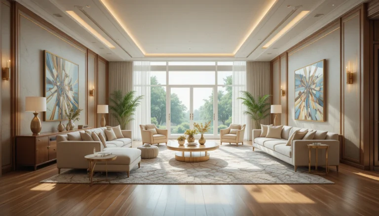 Bright luxury living room design with neutral furniture, gold accents, and abundant natural light.
