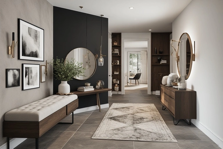 a broad foyer with a split-view design, featuring a wood credenza and a long bench, with a gallery wall and a round mirror.