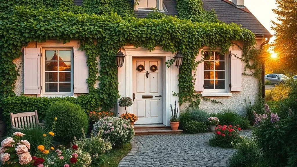 Full view of a charming countryside cottage with ivy, pastel shutters, and a cobblestone path surrounded by flowers.