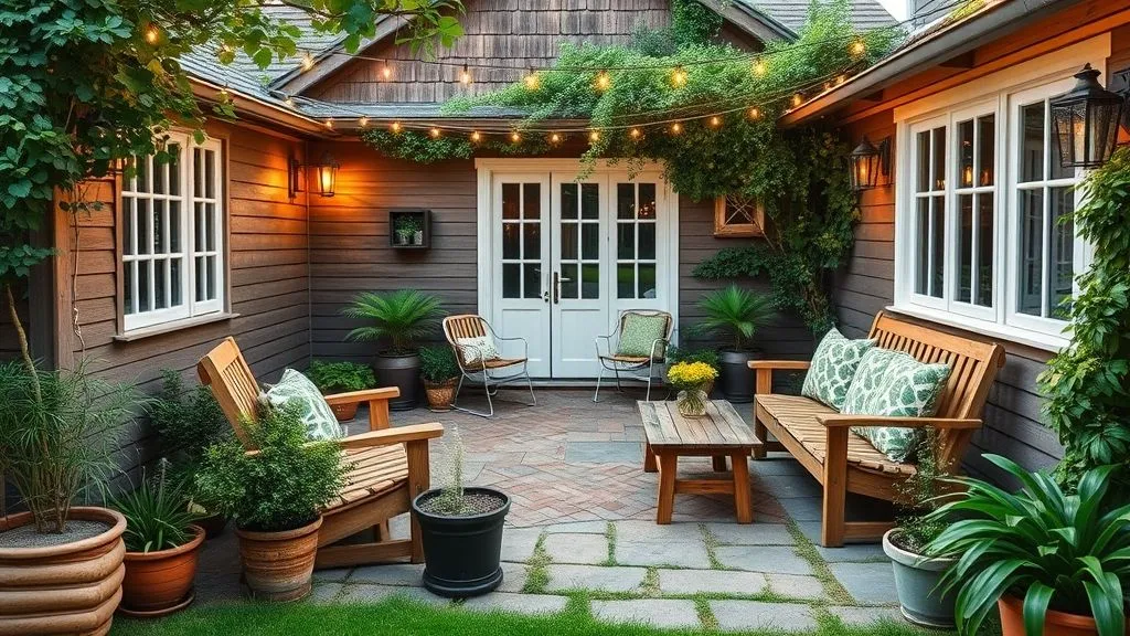 15+ Charming Cottage House Ideas to Inspire Your Dream Home 14 Cottage patio with wooden furniture, string lights, and greenery.
