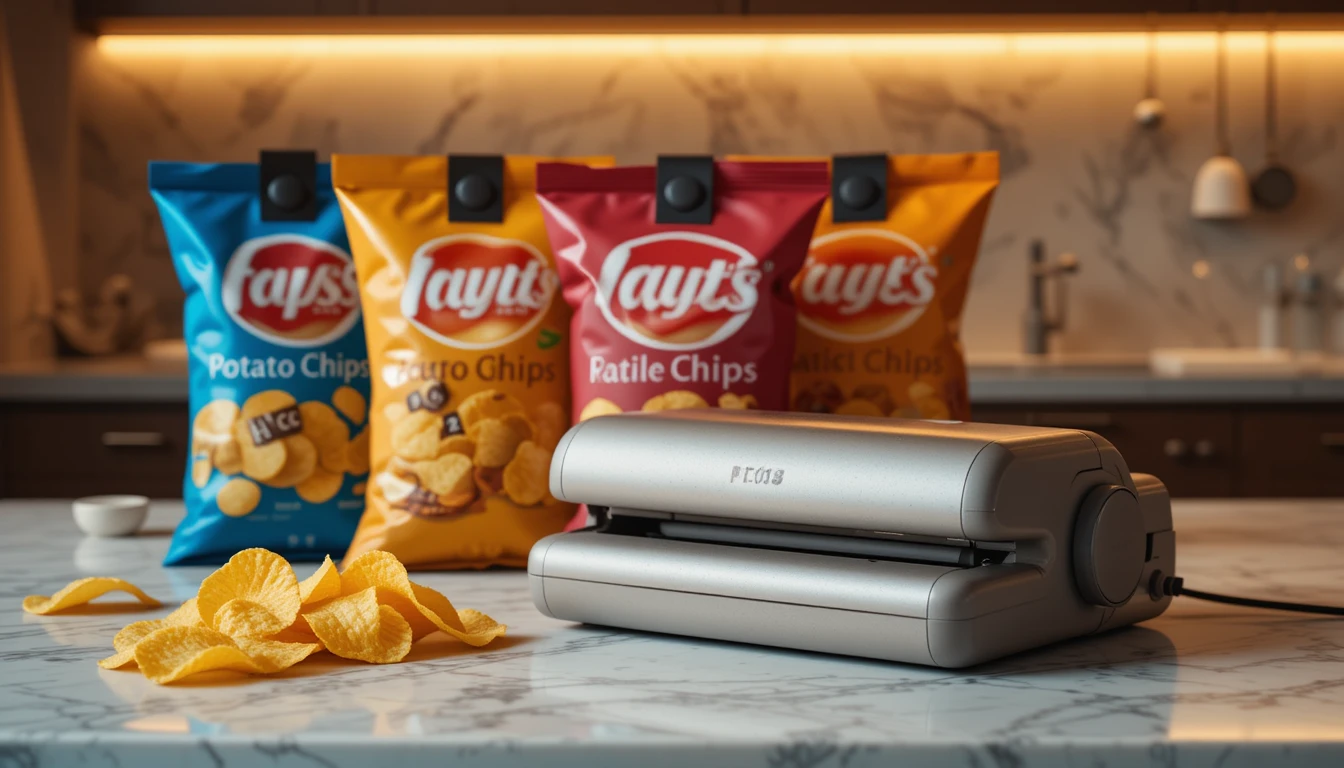 Creative Potato Chip Storage Ideas 3 Potato chip bags sealed with clips and a heat sealer, keeping snacks crisp and neatly stored on a modern countertop.