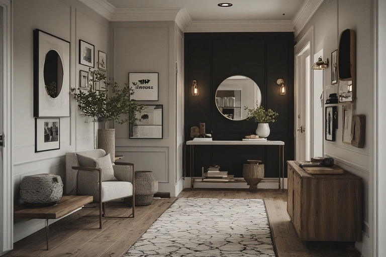 classic-style entryway with white wainscoting and a black accent wall, featuring a black marble console table and a round mirror.