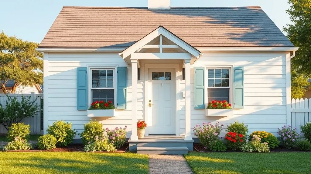 15+ Charming Cottage House Ideas to Inspire Your Dream Home 2 Classic white cottage with blue shutters, pitched roof, and flower-filled front yard.