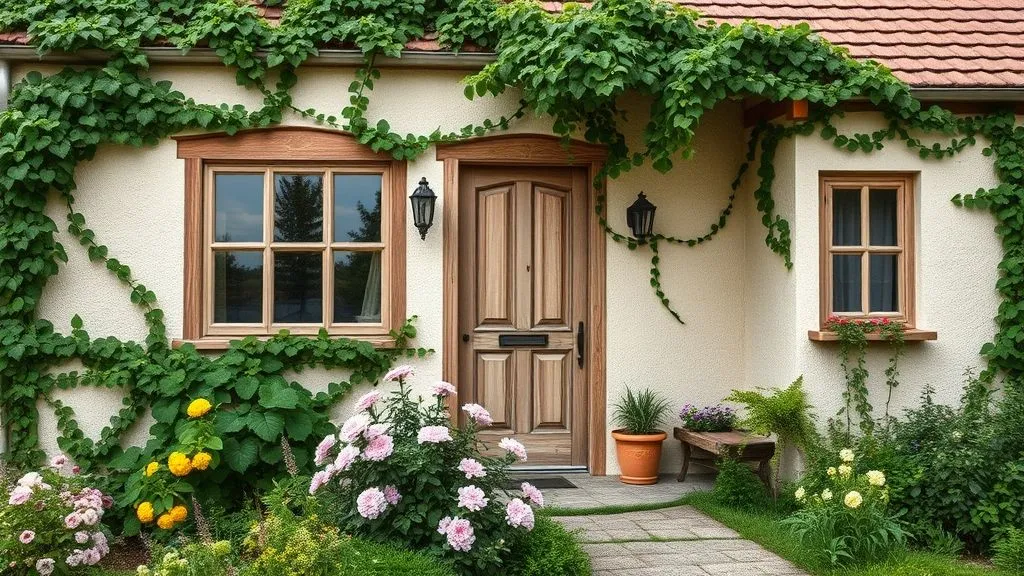 Cottage Exterior House Ideas: Timeless Charm for Your Home 7 Cottage covered in green vines with a flowering garden in front.