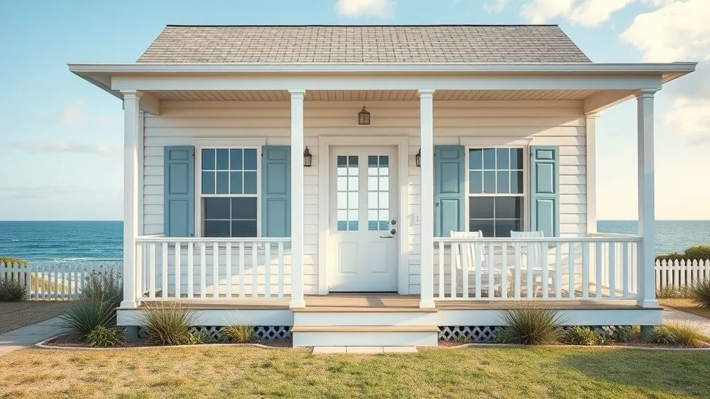 Cottage Exterior House Ideas: Timeless Charm for Your Home 10 Coastal cottage with sandy white siding, blue shutters, and ocean view.