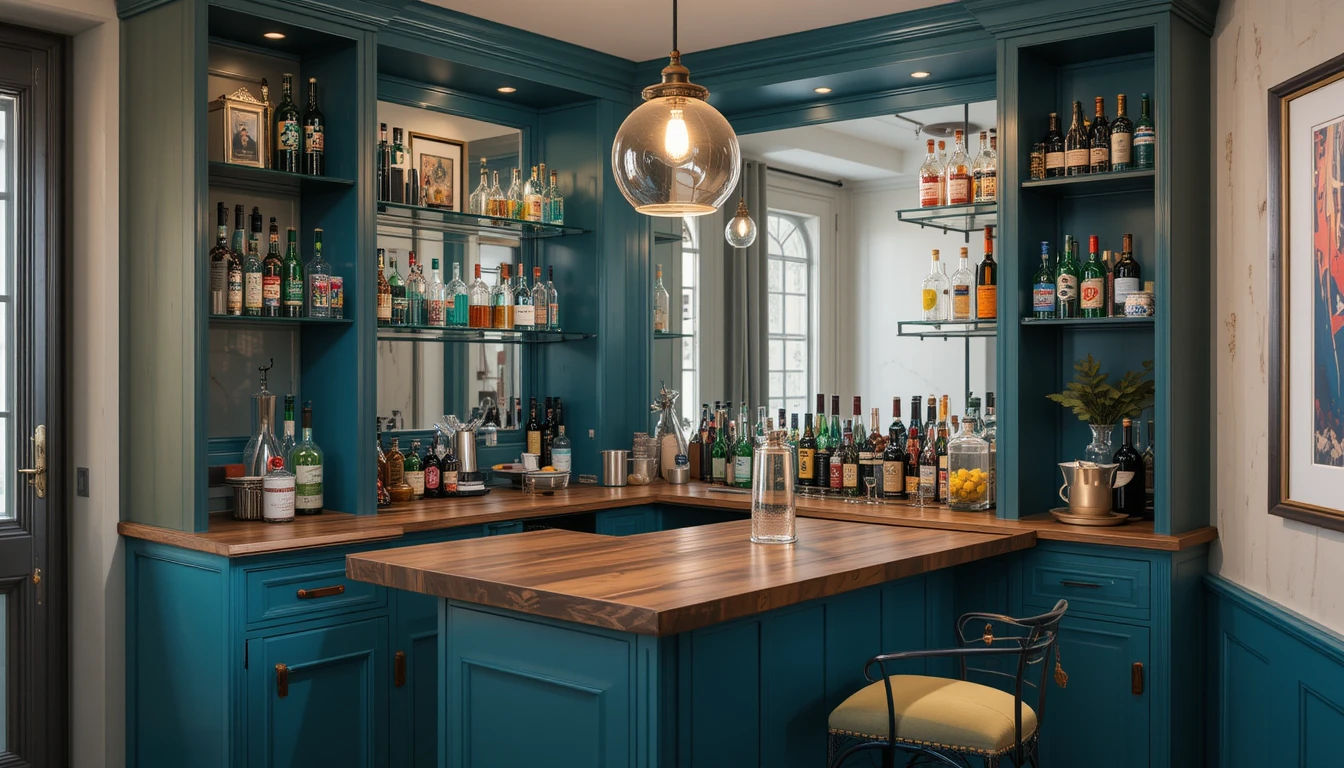 Unique Built-In Bar Designs For Your Living Room 6 Compact corner built-in bar with teal cabinetry, walnut countertop, mirrored backsplash, and floating shelves.