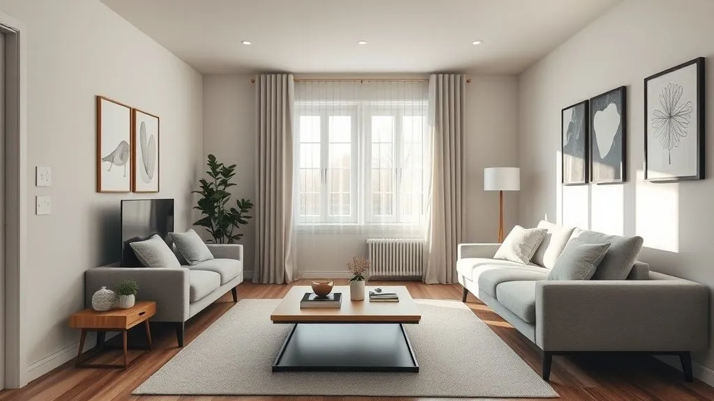 Modern Living Room Ideas for Every Home 13 Hyper realistic compact modern living room with multi-use furniture in a bright minimalist style.