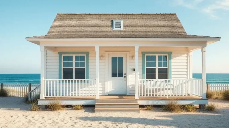 Full view of a cottage exterior with pitched roof, pastel shutters, and a flower garden.