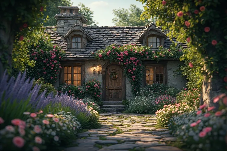 15+ Charming Cottage House Ideas to Inspire Your Dream Home 6 Cottage with a flower-filled entrance and rustic wooden door.