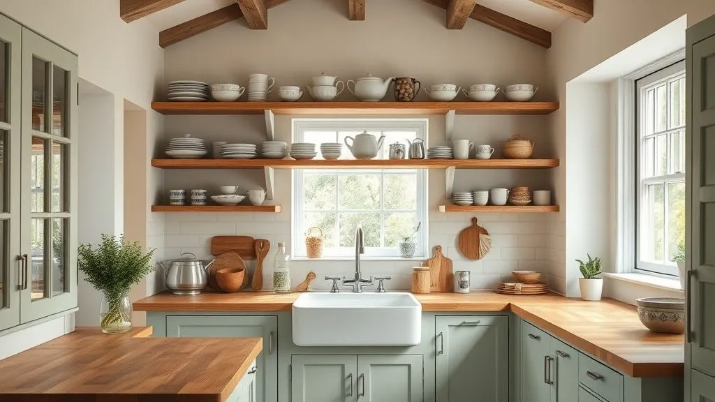 15+ Charming Cottage House Ideas to Inspire Your Dream Home 9 Cottage kitchen with open shelves, farmhouse sink, and pastel cabinets.