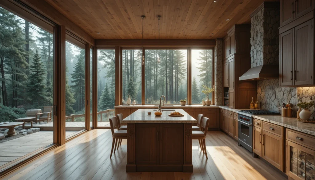Dreamy Forest Kitchen with Glass Walls 6 Cozy kitchen with glass sliding doors opening into the forest, styled in rustic-modern design in 16:9 ratio.