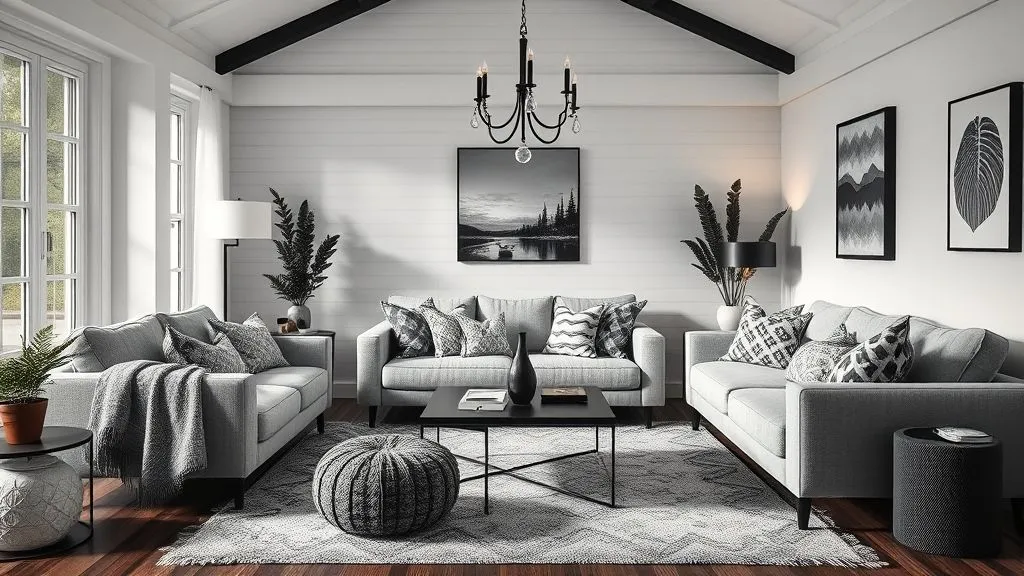 15 Elegant Black and White Living Room Ideas 5 Cozy black & white living room with layered throws, pillows, and textured accents.