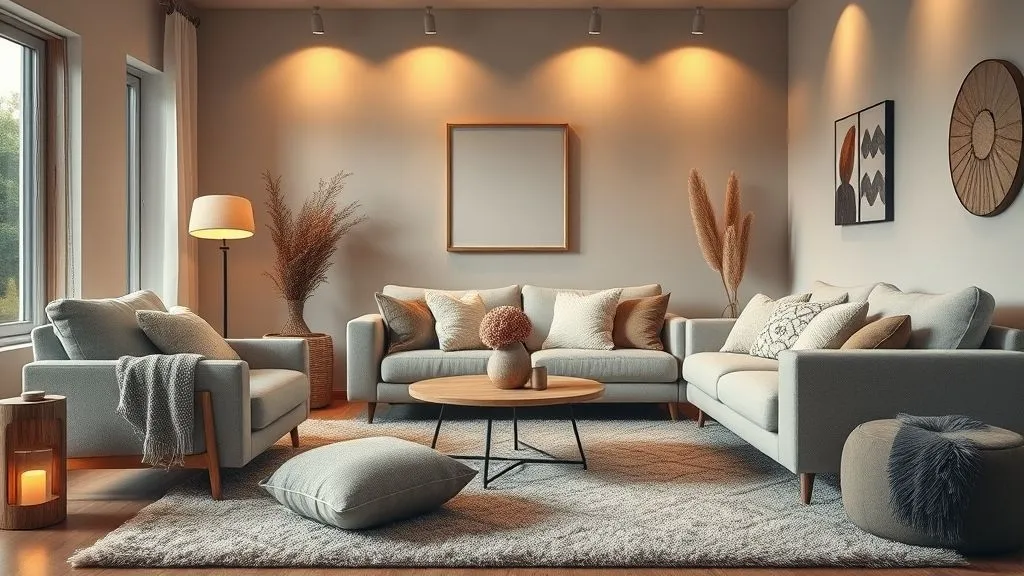 Modern Living Room Ideas for Every Home 6 Hyper realistic cozy modern living room with textured rugs, warm lighting, and soft décor.