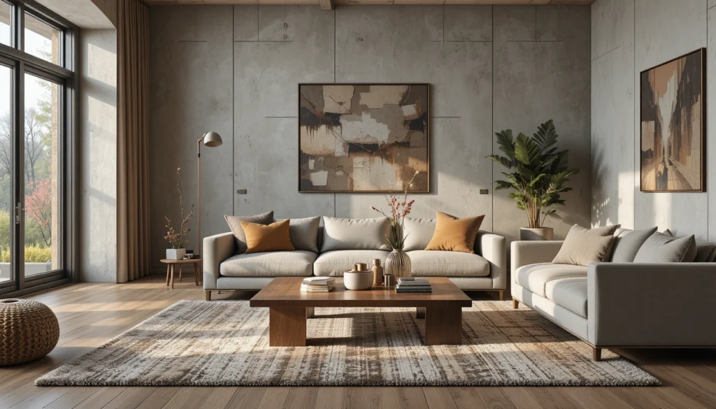 Modern Rustic Living Room Decor Ideas 6 Layered cozy rugs styled with sleek modern accents and natural textures in a rustic-inspired living room.