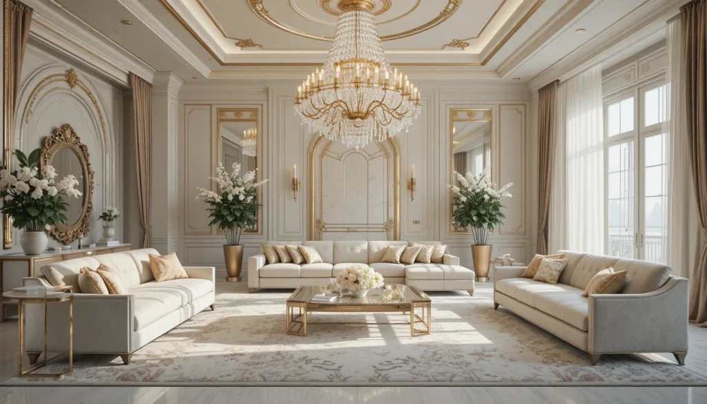 Bright Luxury Living Room Design 4 Crystal chandelier hanging above a neutral luxury living room with elegant décor.