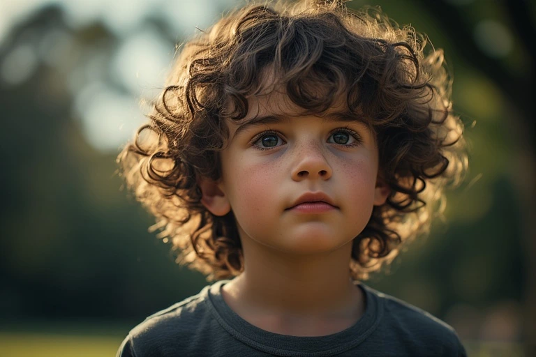 Young boy with neat natural curly haircut in an outdoor park setting.