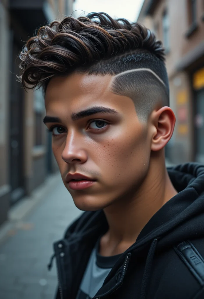 Curly Haircuts for Kids Boys: Trendy Styles Parents Will Love 8 Boy with curly top hairstyle featuring a sharp shaved line design.