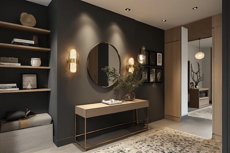 modern dark foyer with floating shelves, a light wood console table with gold frame, and a round mirror with two wall sconces.