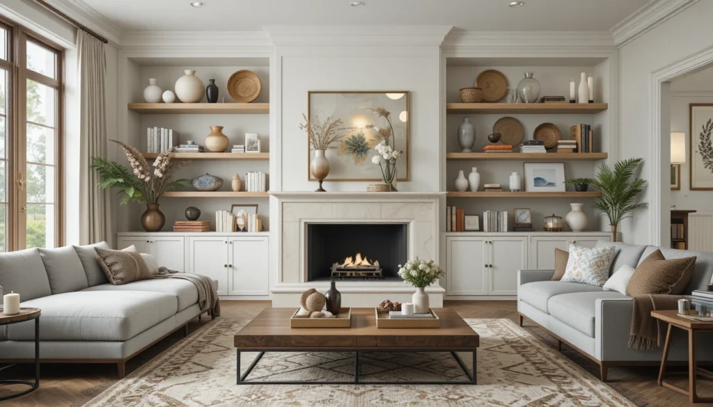 Spacious Open Living Area 6 16:9 styled living room with décor and accessory styling including vases, books, and layered textures.