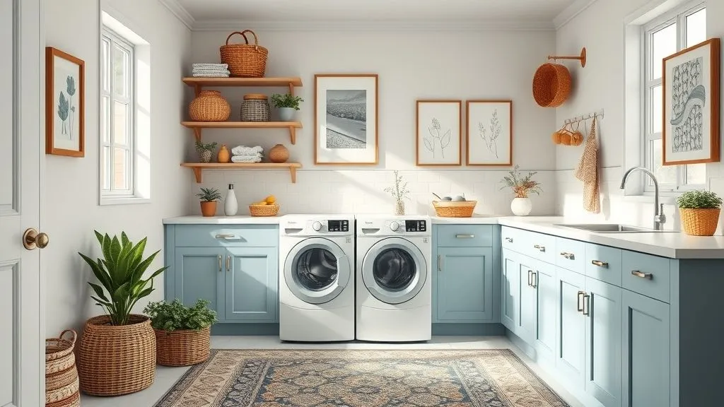 12 Stylish Blue Laundry Room Ideas for a Fresh Look 13 Cozy laundry room decorated with baskets, plants, wall art, and rugs, paired with pastel blue cabinetry.