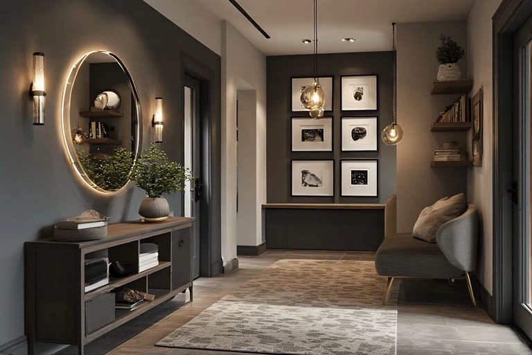 deep hallway with a dark gray wall, featuring a large gallery wall, a wood console table, and a built-in seating bench.
