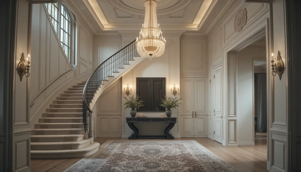 Elegant Grand Staircase with Geometric Chandelier and Spacious Entryway 5 Luxury entryway with staircase, chandelier, and refined décor elements that elevate the look in 16:9 ratio.