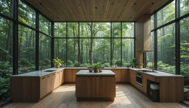 Dreamy forest kitchen with glass walls offering panoramic views of surrounding greenery in 16:9 ratio.