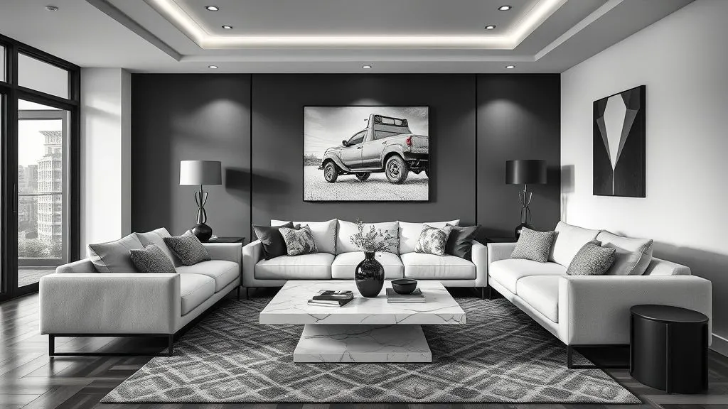 Elegant black & white living room with a marble coffee table, modern art, and cozy monochrome décor.