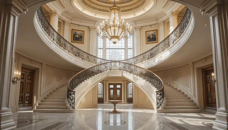 Elegant grand staircase with geometric chandelier in a spacious entryway, captured in 16:9 ratio.