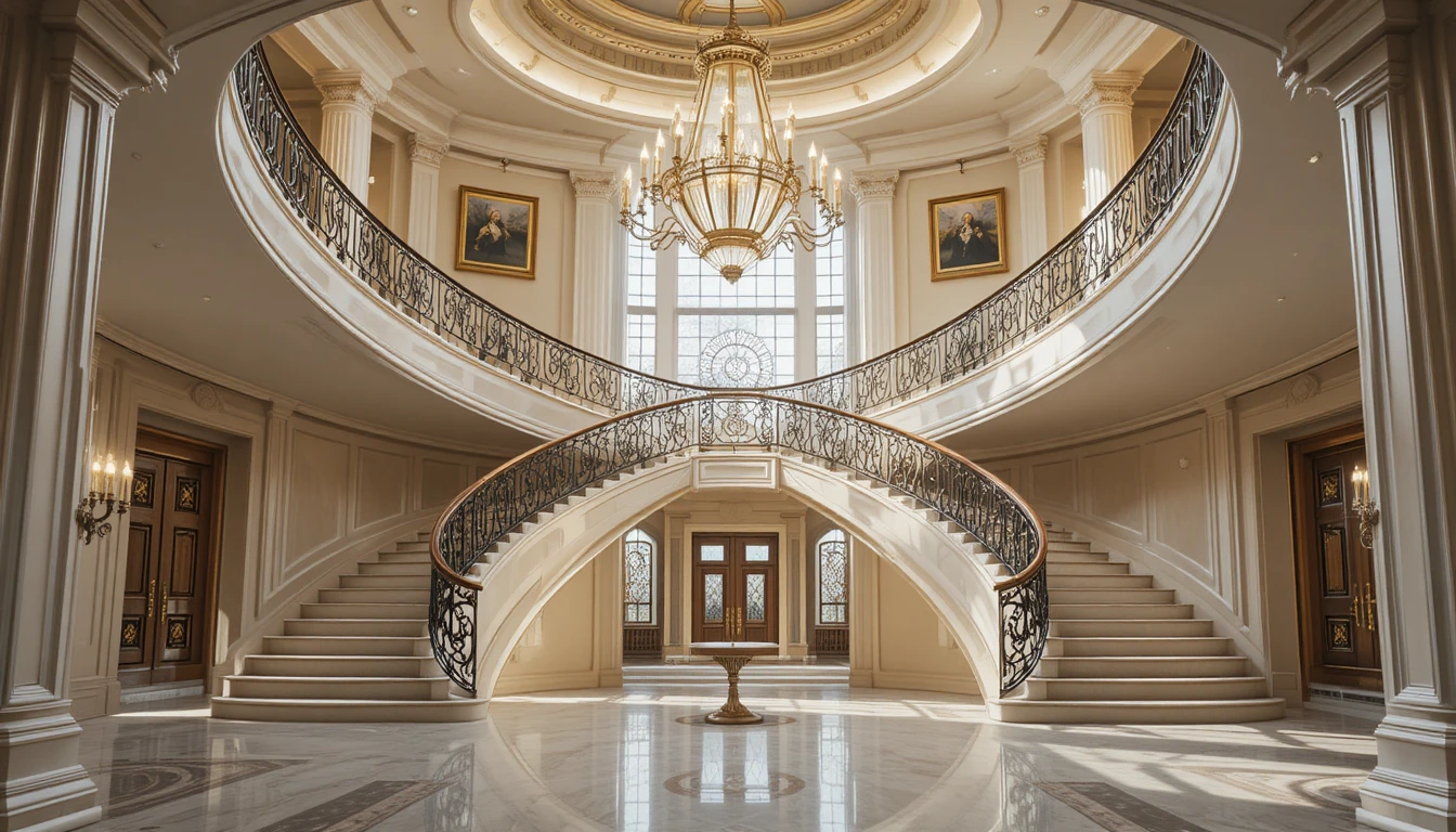 Elegant grand staircase with geometric chandelier in a spacious entryway, captured in 16:9 ratio.