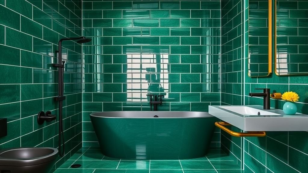 Green Bathroom Ideas to Inspire Your Next Remodel 3 Modern bathroom with emerald green tile statement wall, matte black fixtures, and gold accents.
