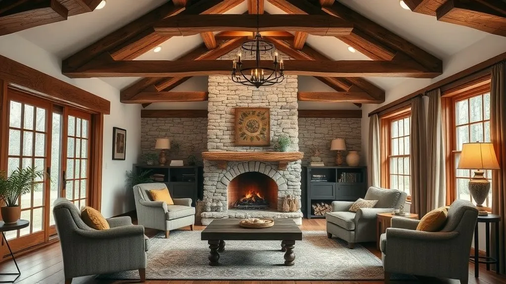15+ Charming Cottage House Ideas to Inspire Your Dream Home 8 Cottage living room with exposed beams and stone fireplace.