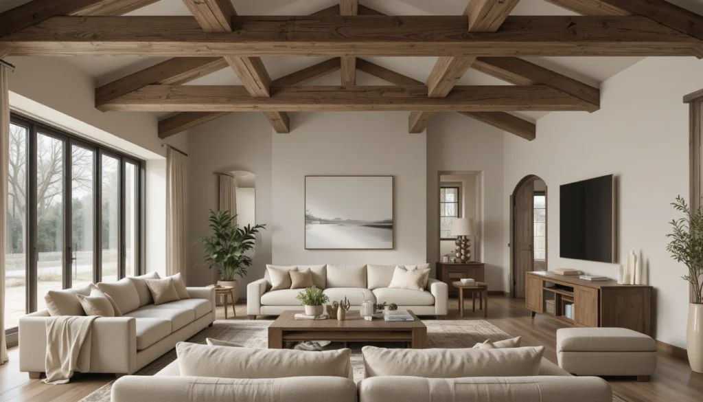 Modern Rustic Living Room Decor Ideas 3 Ceiling with exposed wooden beams styled with a soft neutral color palette in a rustic modern living room.