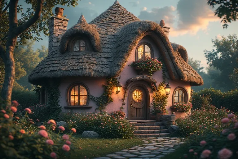 Cottage Exterior House Ideas: Timeless Charm for Your Home 11 Fairytale cottage with thatched roof, pastel walls, and blooming garden.