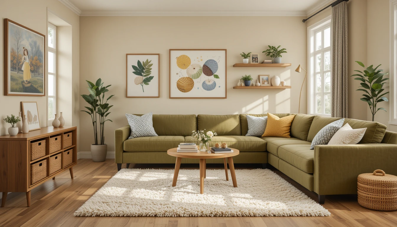 Green Couch Living Room Ideas 5 A family-friendly living room with an olive-green sectional, soft beige walls, cream rug, playful accent pillows, and toy-friendly storage baskets.