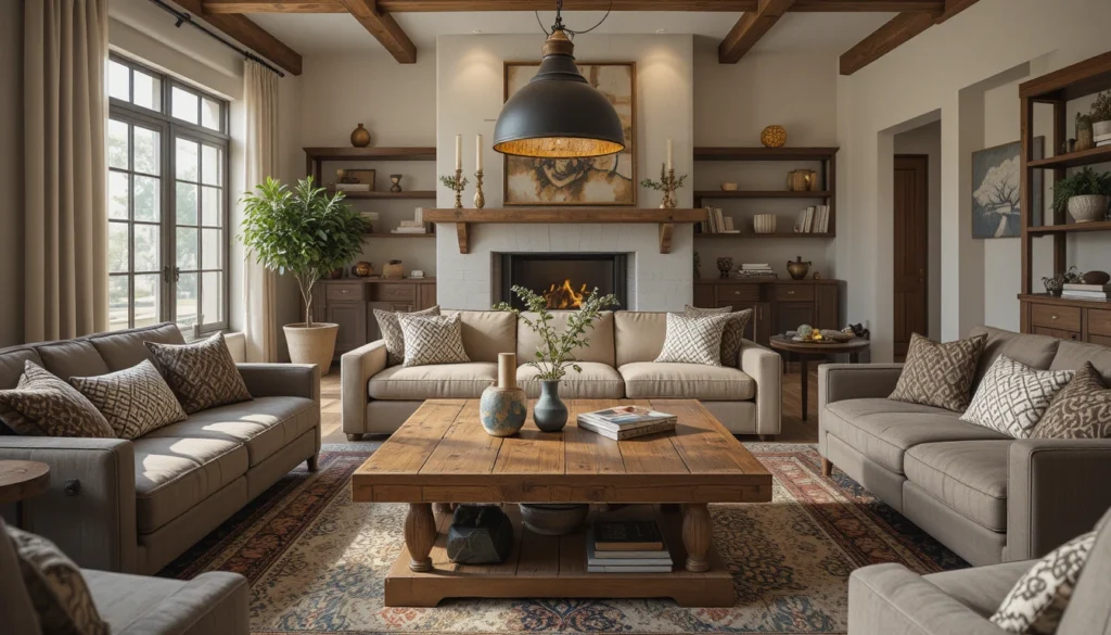 Modern Rustic Living Room Decor Ideas 4 Rustic farmhouse coffee table paired with sleek modern pendant lighting in a cozy living room setting.