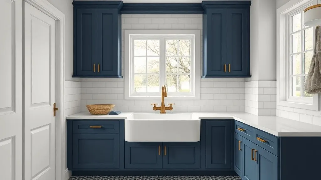 12 Stylish Blue Laundry Room Ideas for a Fresh Look 3 A large white farmhouse sink with brass faucet, modern blue cabinetry, and quartz countertop in a stylish laundry room.