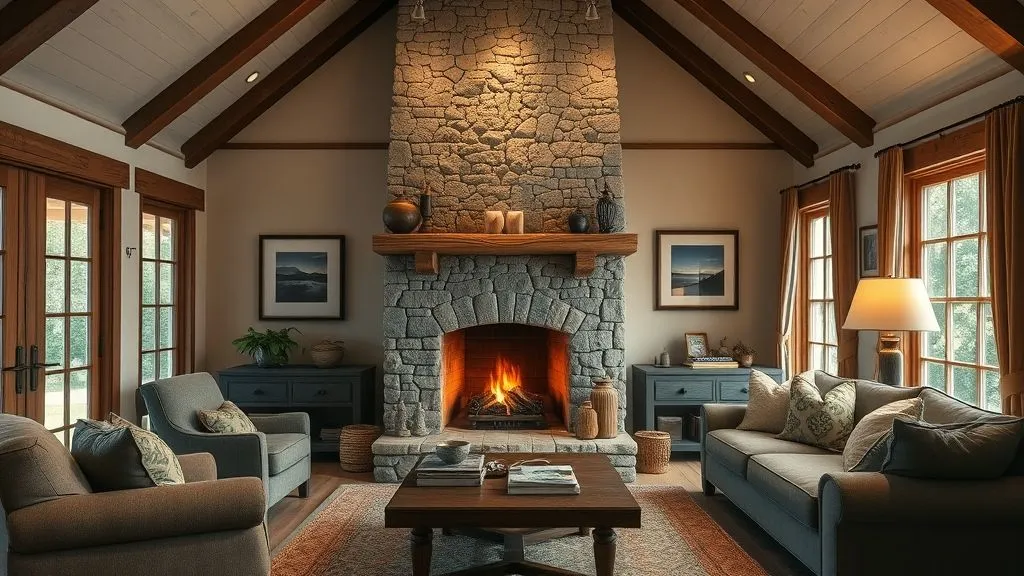 15+ Charming Cottage House Ideas to Inspire Your Dream Home 10 Stone fireplace in a cozy cottage living room with warm firelight.