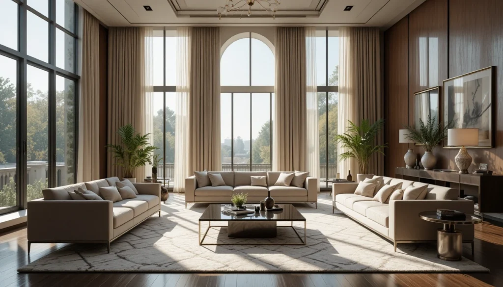 Bright Luxury Living Room Design 3 Luxury living room with floor-to-ceiling windows dressed in sheer curtains and natural light.