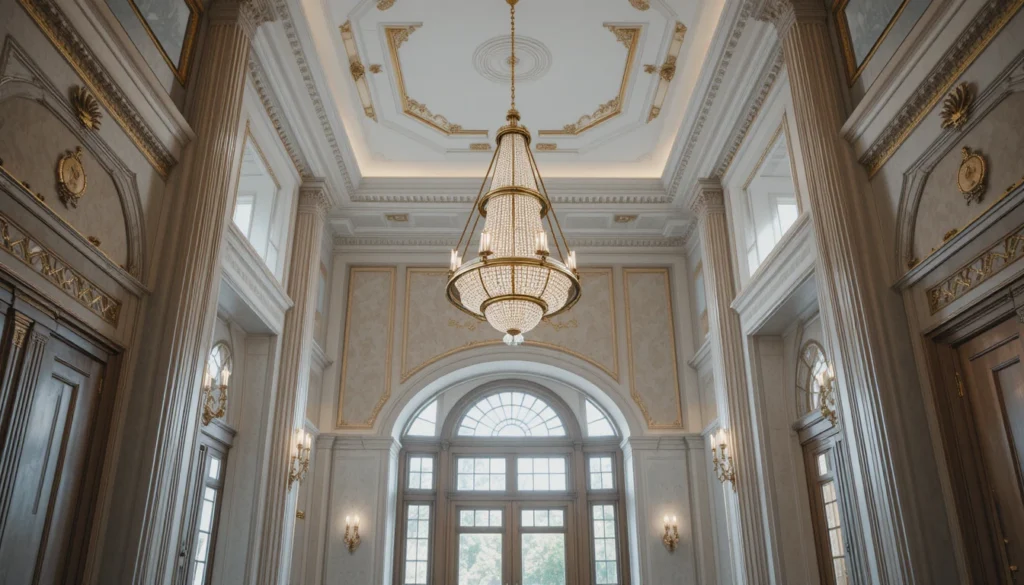 Elegant Grand Staircase with Geometric Chandelier and Spacious Entryway 3 Geometric chandelier bringing modern elegance to a luxury entryway, styled in 16:9 ratio.
