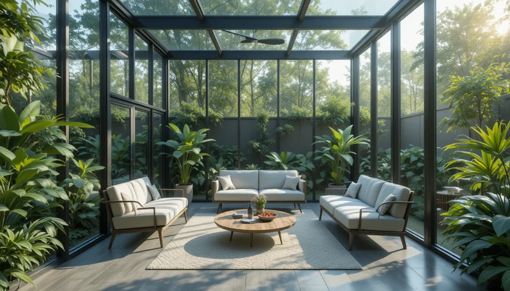 Outdoor Garden Room Ideas 2 Hyper realistic glass-enclosed garden room with modern furniture and greenery under soft sunlight.